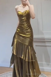 A-Line Gold Prom Dress features spaghetti straps Evening Dresses